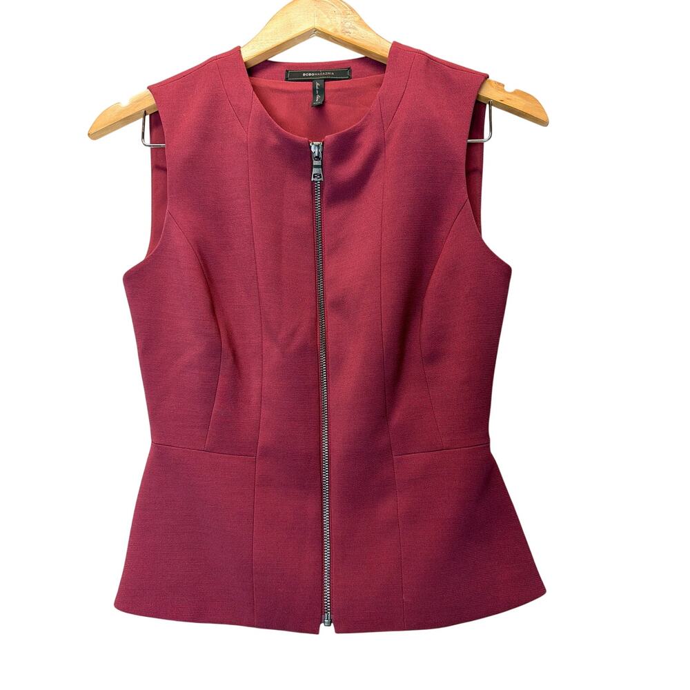 BCBGMAXAZRIA Jeslyn Front Zip Peplum Top Vest Burgundy Wine size XXS career top
